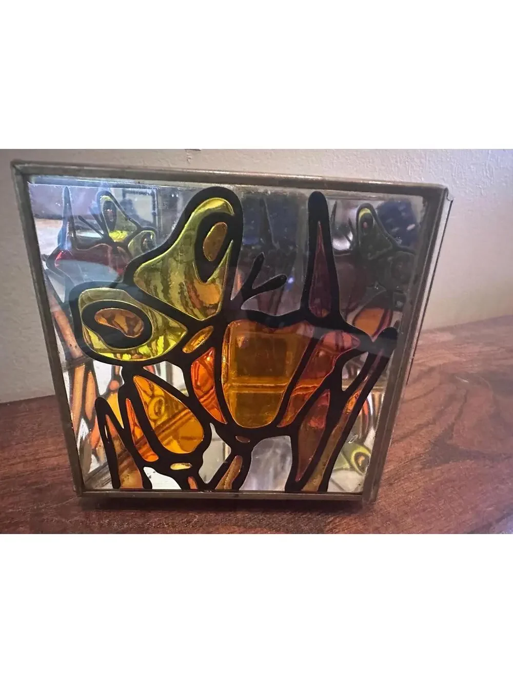 Vintage Faux Stain Glass Butterfly Flower Mirrored Candleholder